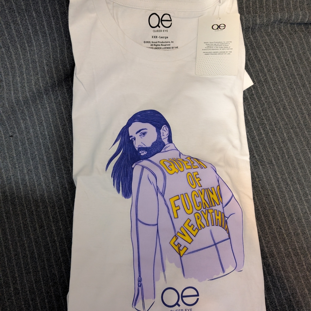 White Graphic T-Shirt with Blue and Yellow Design